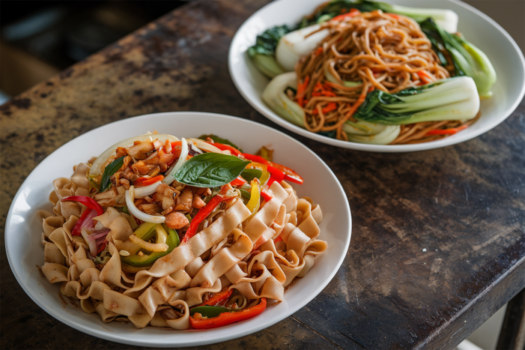 Short ALT for the Image:A close-up comparison of Drunken Noodles and Lo Mein.