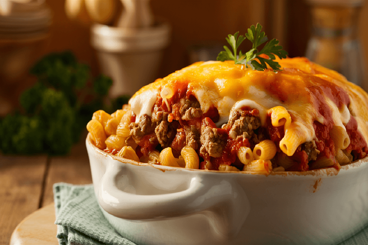 A serving of homemade Beefaroni topped with melted cheese, served in a white dish on a rustic wooden table.