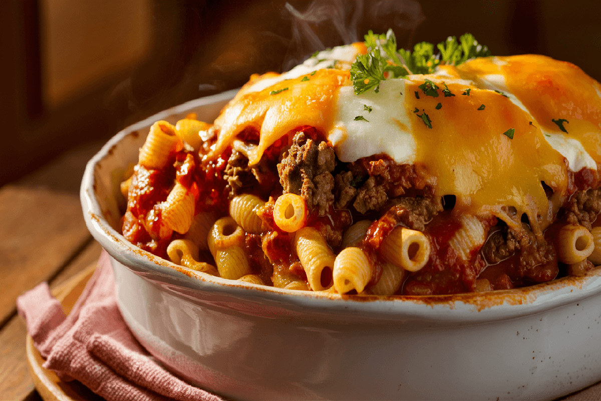 A serving of homemade Beefaroni topped with melted cheese, served in a white dish on a rustic wooden table.