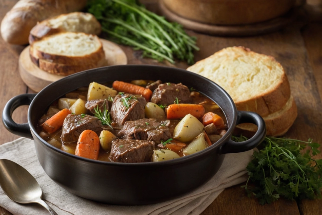 Homemade slow-cooked beef stew with carrots, potatoes, and parsnips in a rustic kitchen setting.