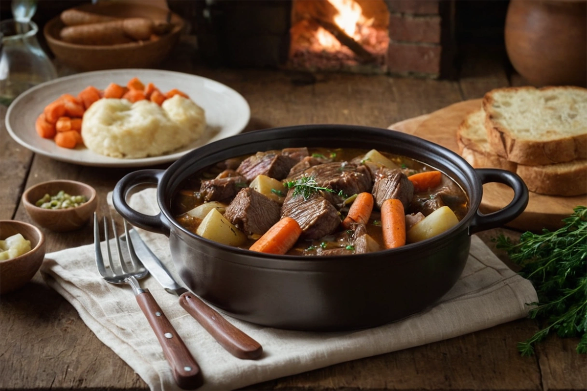 Homemade slow-cooked beef stew with carrots, potatoes, and parsnips in a rustic kitchen setting.