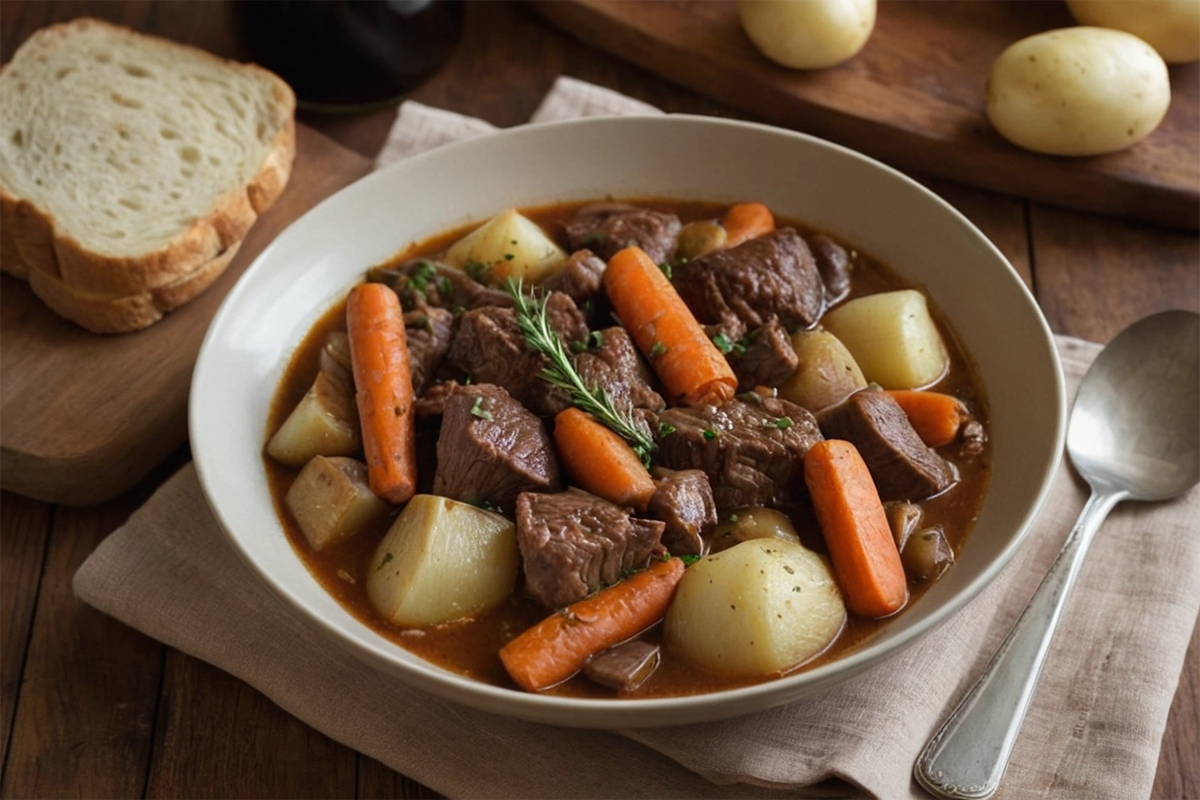 Homemade slow-cooked beef stew with carrots, potatoes, and parsnips in a rustic kitchen setting.