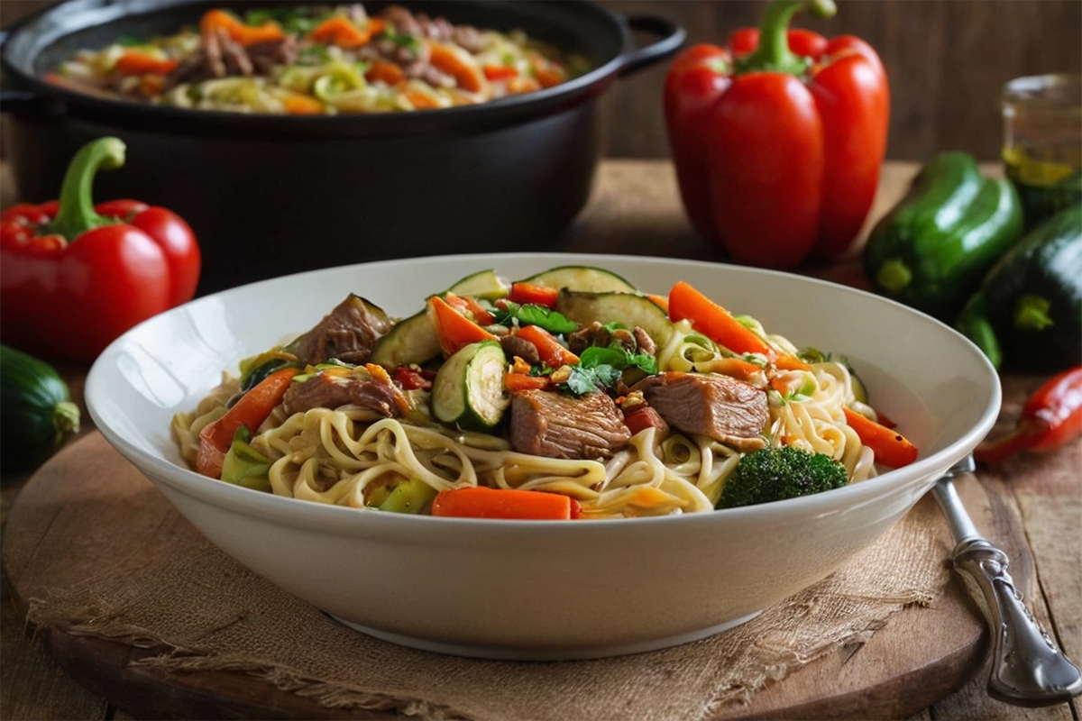 Close-up of a slow cooker with perfectly cooked noodles and vegetables.