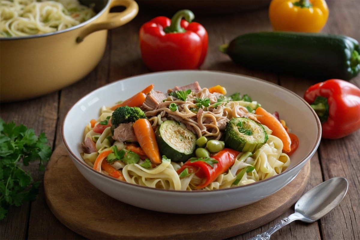 Close-up of a slow cooker with perfectly cooked noodles and vegetables.