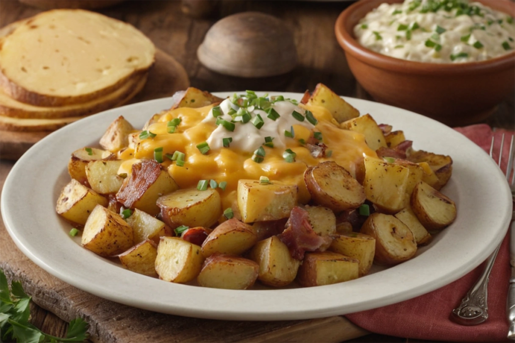 Cheesy Fiesta Potatoes topped with melted cheese in a rustic dish