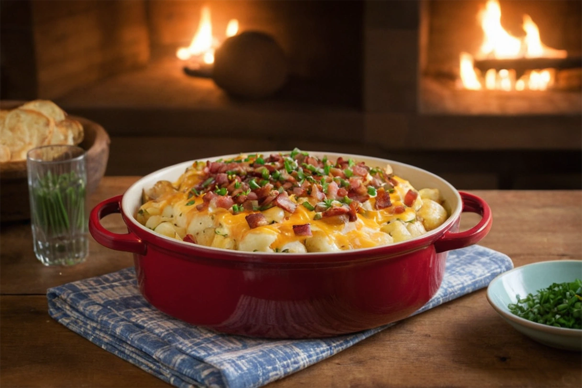 Cheesy Fiesta Potatoes topped with melted cheese in a rustic dish