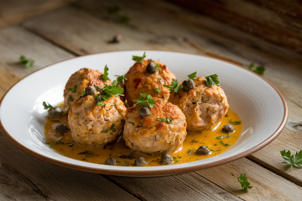 Golden Chicken Piccata Meatballs garnished with parsley