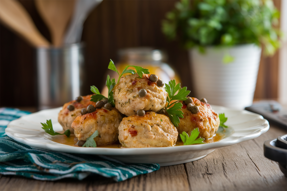 Golden Chicken Piccata Meatballs garnished with parsley