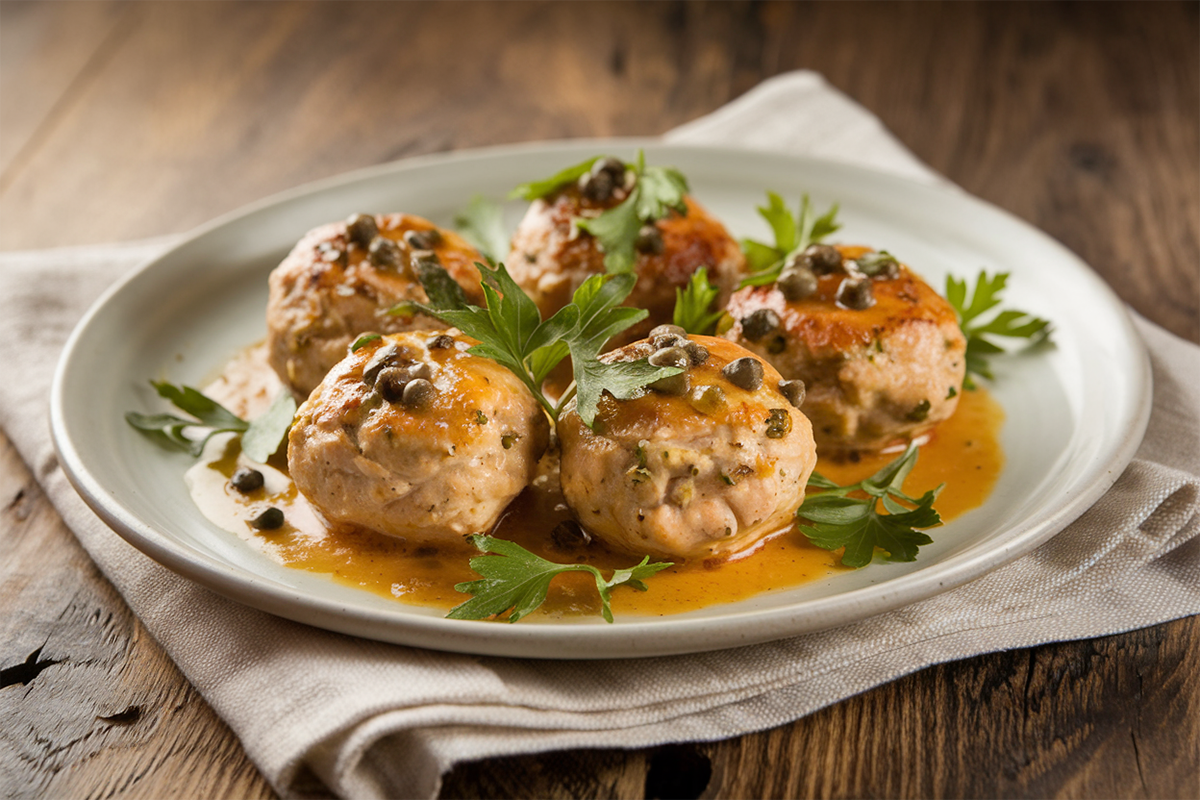 Golden Chicken Piccata Meatballs garnished with parsley