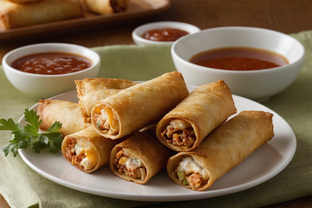 Crispy Crab Rangoon Egg Rolls with dipping sauce