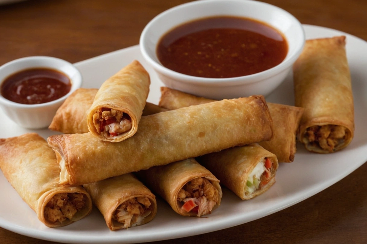 Crispy Crab Rangoon Egg Rolls with dipping sauce