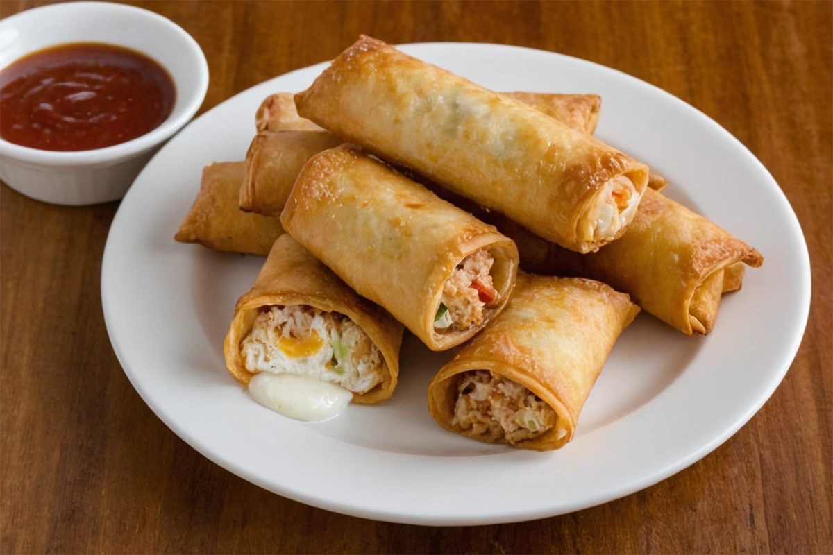 Crispy Crab Rangoon Egg Rolls with dipping sauce