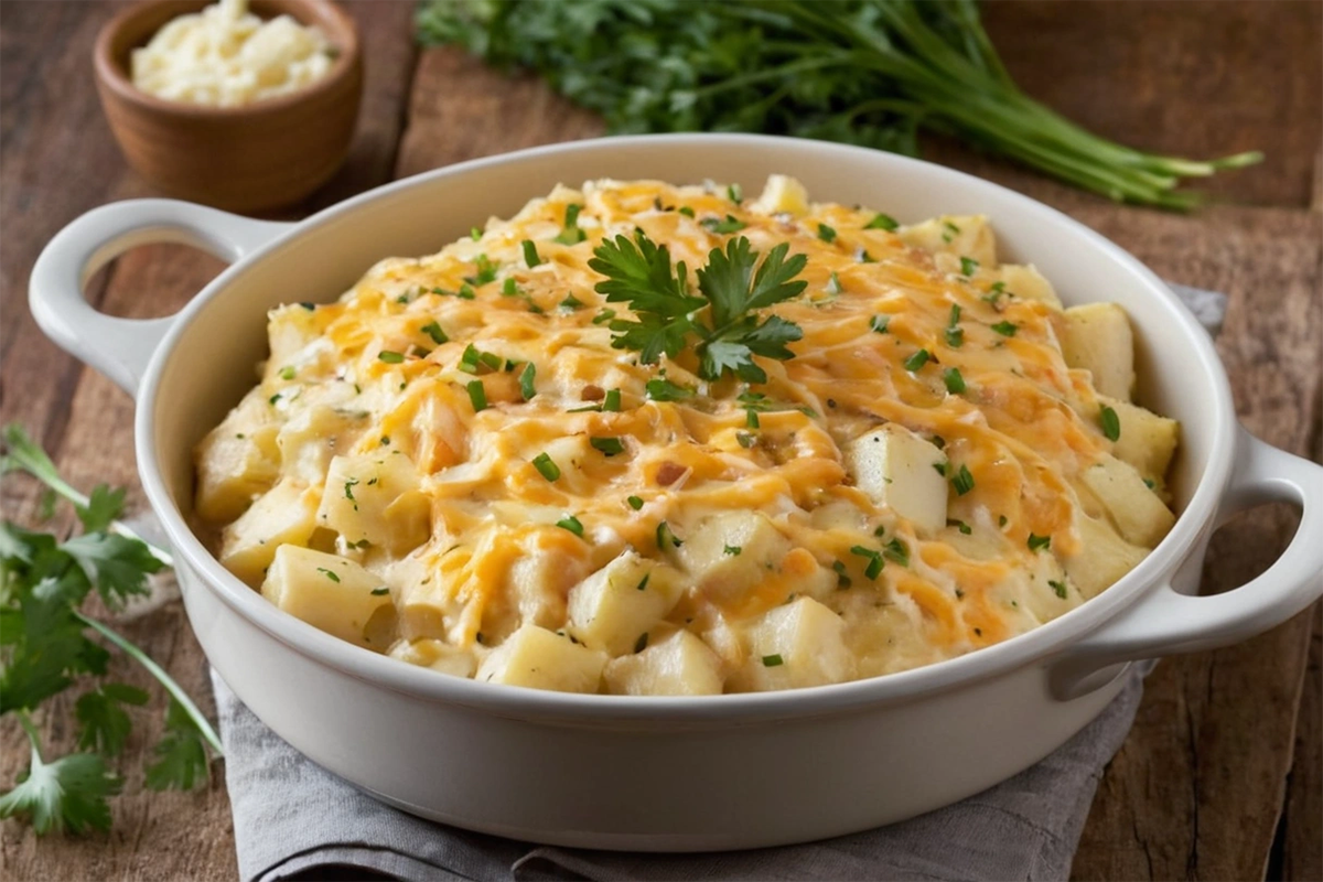 Crockpot Cheesy Potatoes with melted cheddar cheese in a serving dish