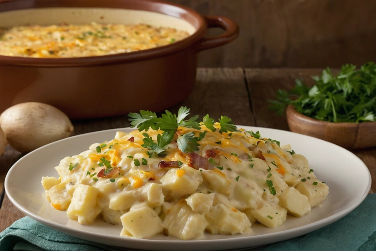 Crockpot Cheesy Potatoes with melted cheddar cheese in a serving dish