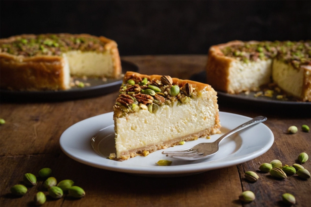 Slice of honey pistachio baklava cheesecake with a nutty topping