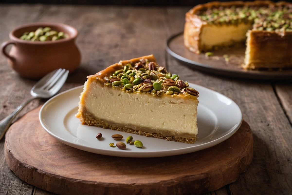 Slice of honey pistachio baklava cheesecake with a nutty topping