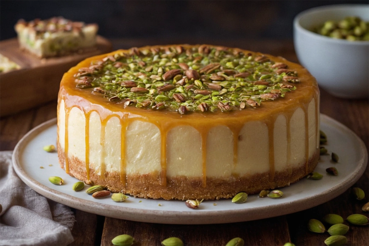 Slice of honey pistachio baklava cheesecake with a nutty topping