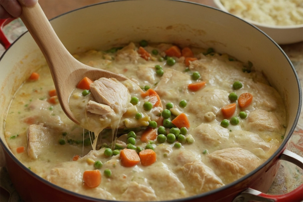 A creamy pot pie filling being thickened in a saucepan.