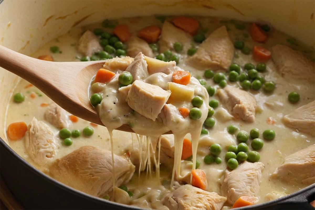 A creamy pot pie filling being thickened in a saucepan.