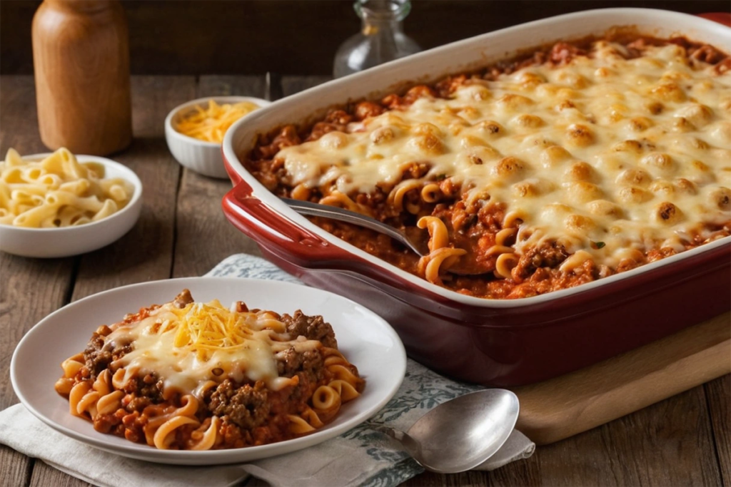 Homemade beefaroni in a baking dish with melted cheese and hearty sauce.