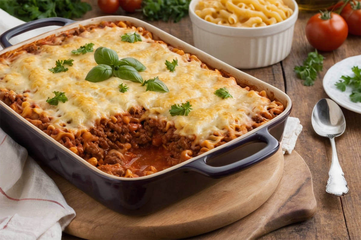 Homemade beefaroni in a baking dish with melted cheese and hearty sauce.