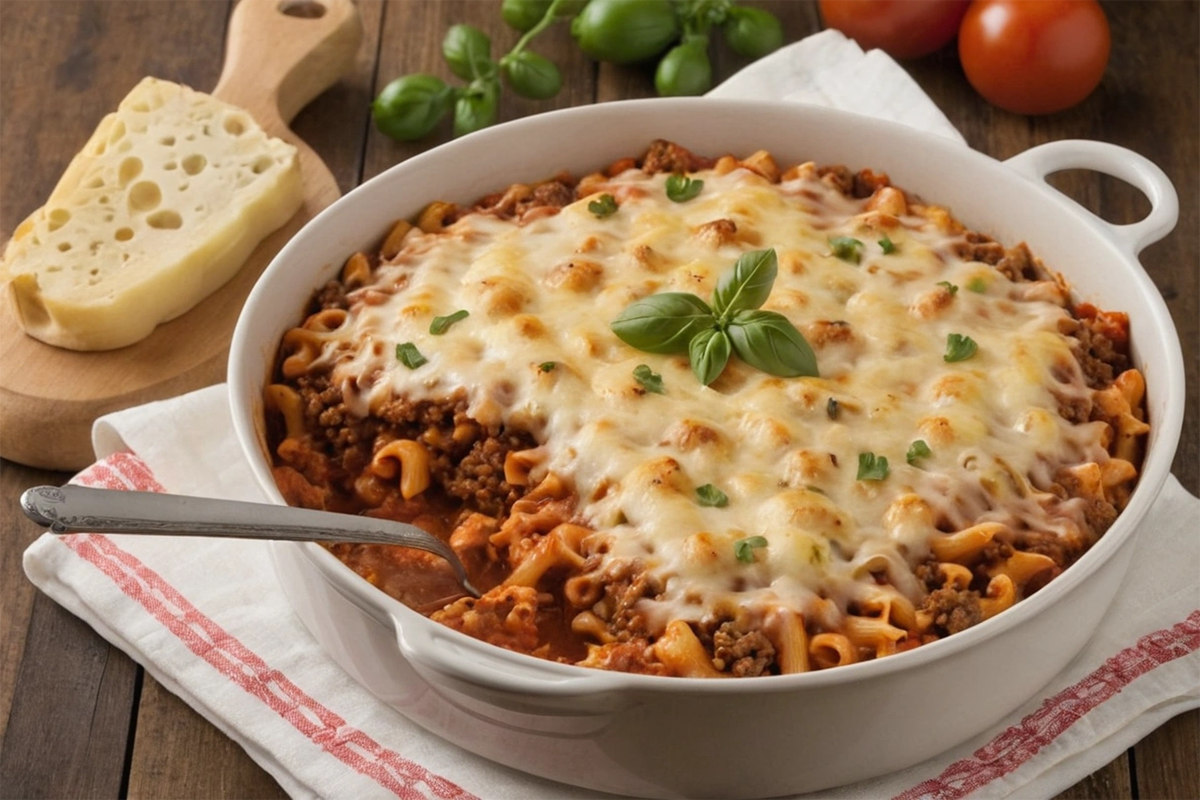 Homemade beefaroni in a baking dish with melted cheese and hearty sauce.