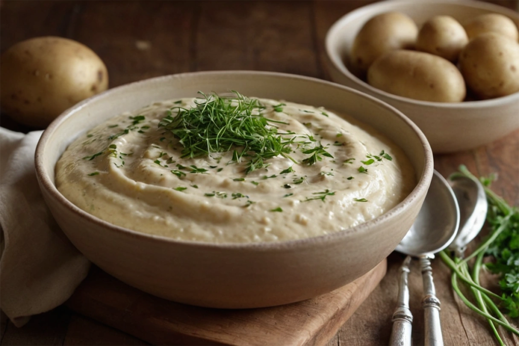 A bowl of creamy potato mud topped with fresh herbs.