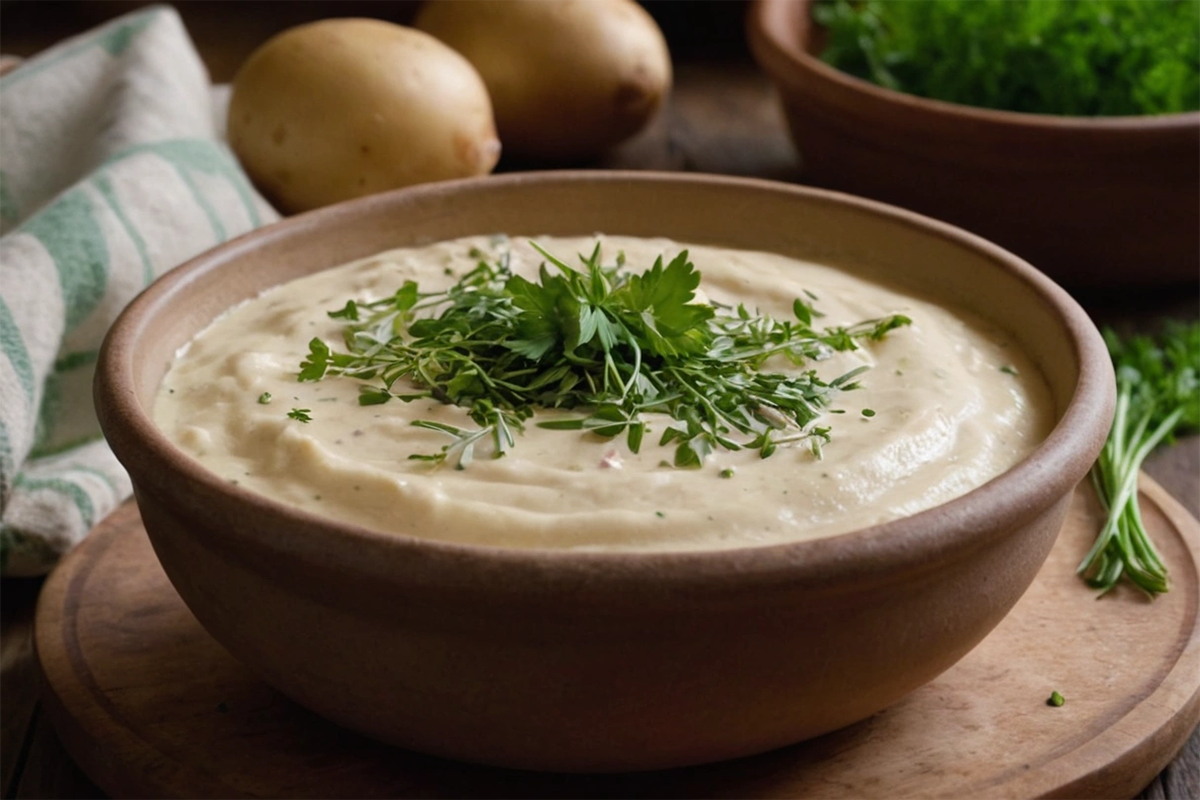 A bowl of creamy potato mud topped with fresh herbs.