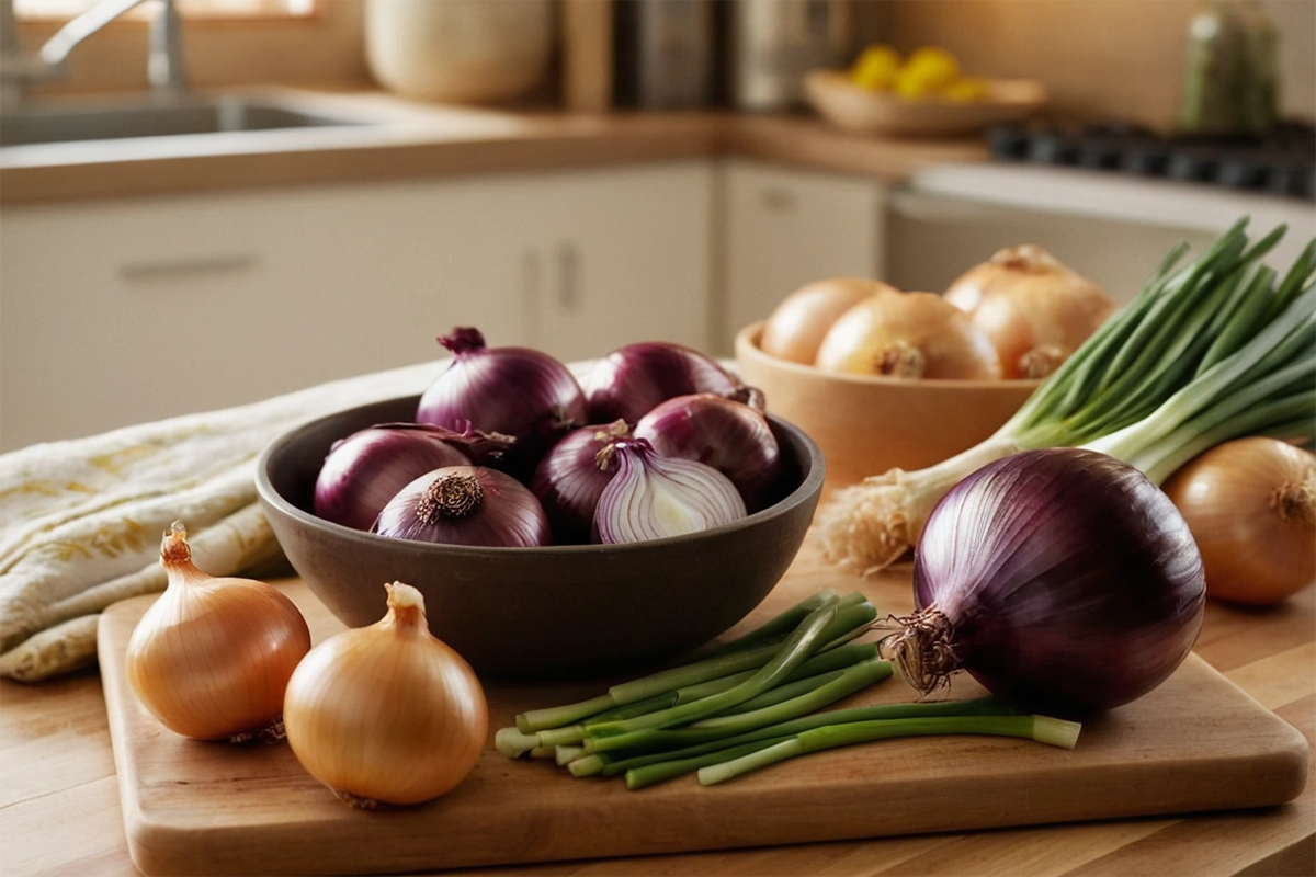 Variety of onions on a cutting board, ready for cooking.