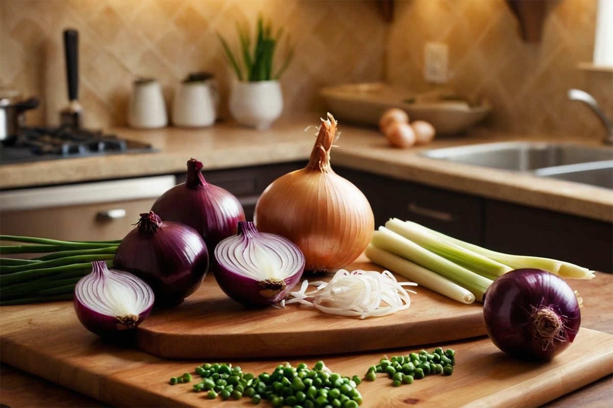 Variety of onions on a cutting board, ready for cooking.