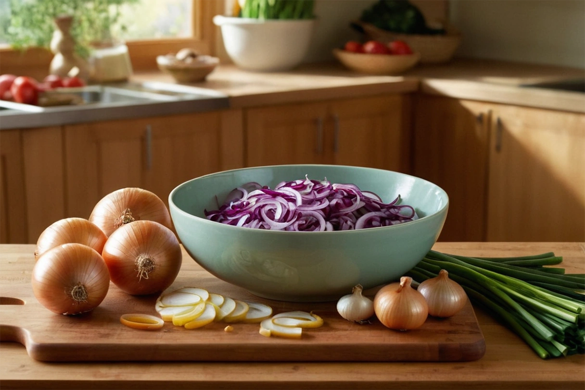 Variety of onions on a cutting board, ready for cooking.