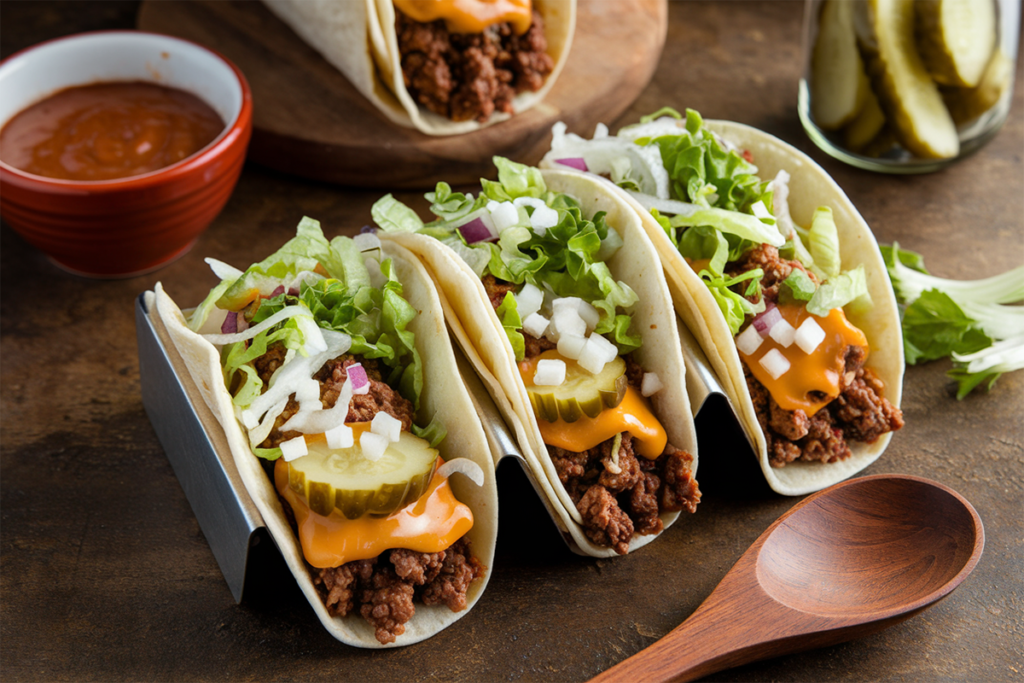 Homemade Big Mac Tacos with lettuce, pickles, and special sauce