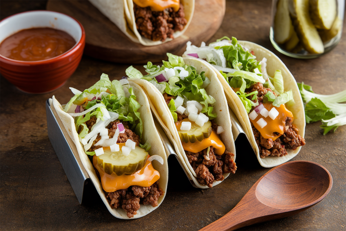 Homemade Big Mac Tacos with lettuce, pickles, and special sauce