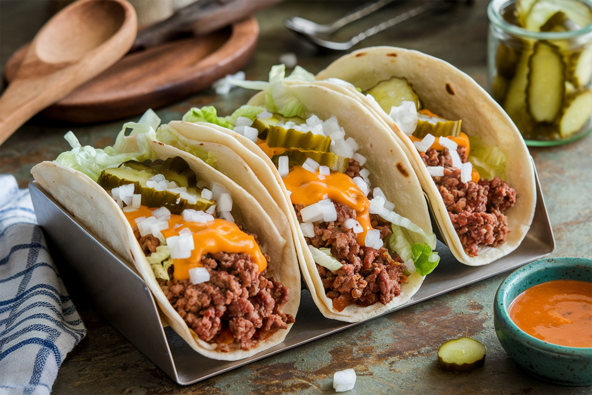 Homemade Big Mac Tacos with lettuce, pickles, and special sauce