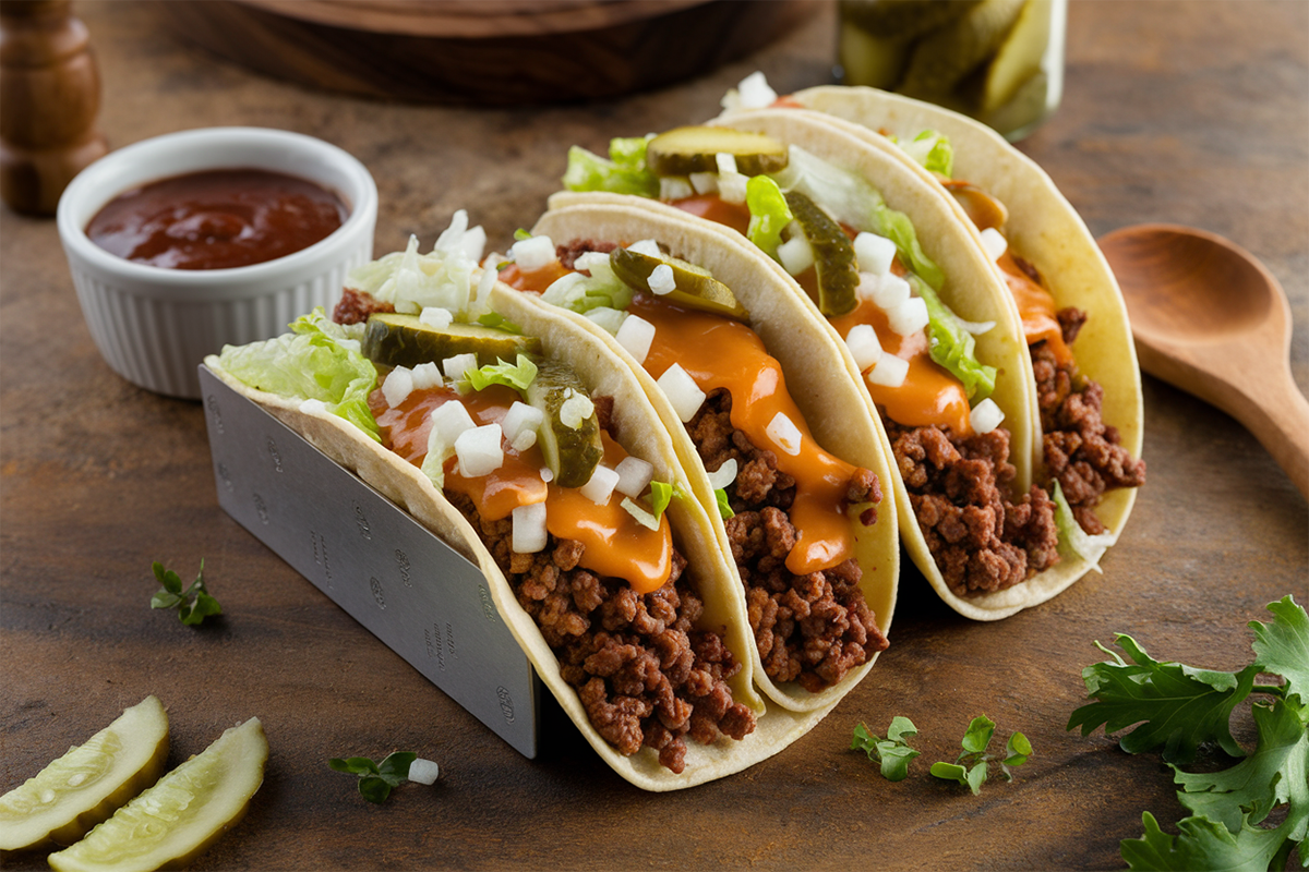 Homemade Big Mac Tacos with lettuce, pickles, and special sauce