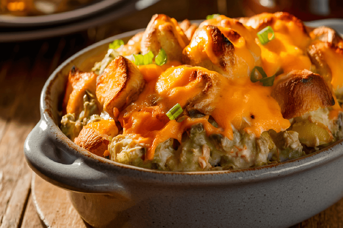 A baking dish filled with creamy Mississippi Mud Potatoes topped with melted cheese and crispy bacon, served on a wooden table.