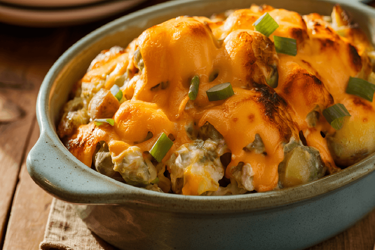 A baking dish filled with creamy Mississippi Mud Potatoes topped with melted cheese, served on a wooden table.