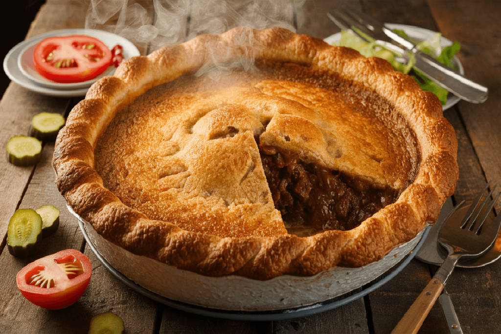 A freshly baked Pioneer Woman Cheeseburger Pie with a golden crust and beef filling, served on a rustic table.