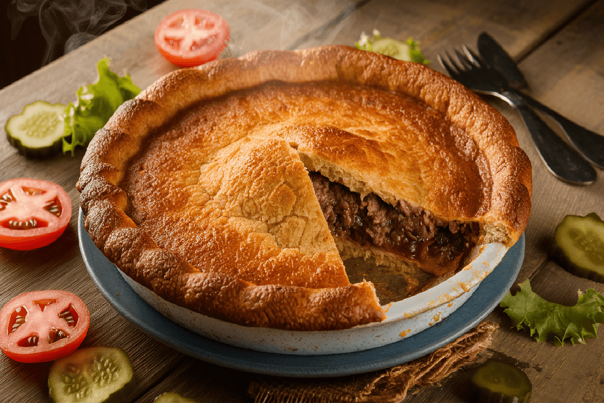 A freshly baked Pioneer Woman Cheeseburger Pie with a golden crust and beef filling, served on a rustic table.