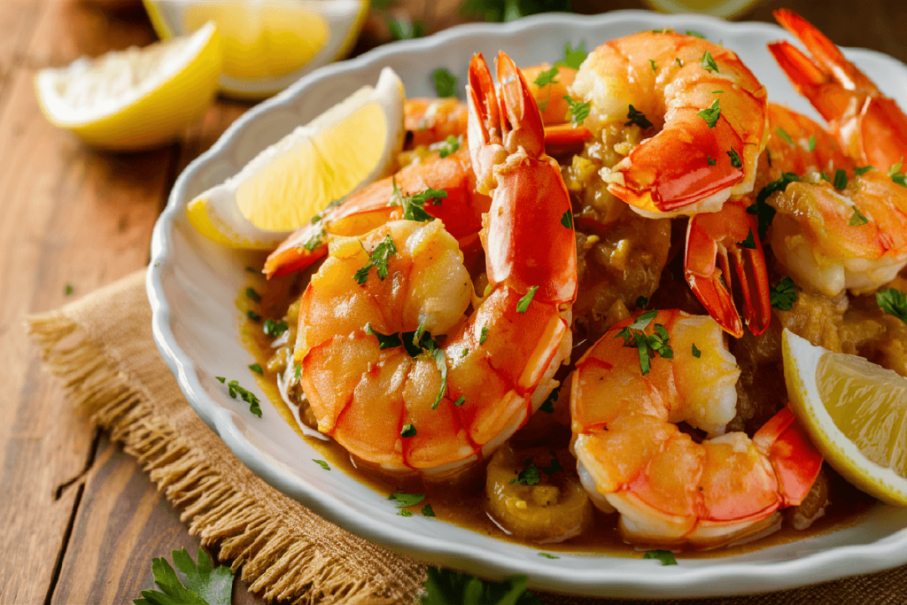 A plate of homemade Red Lobster Shrimp Scampi, garnished with parsley and served with lemon slices on a white plate.