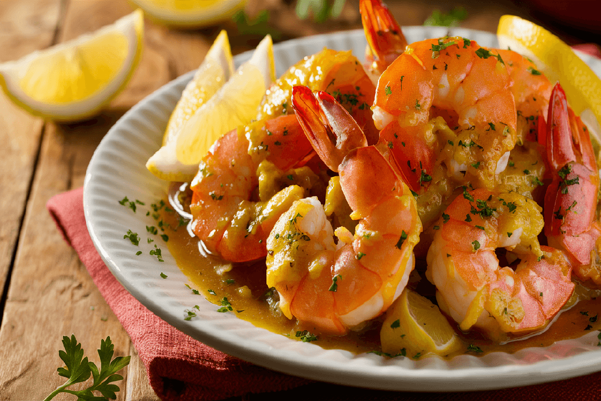 A plate of homemade Red Lobster Shrimp Scampi, garnished with parsley and served with lemon slices on a white plate.