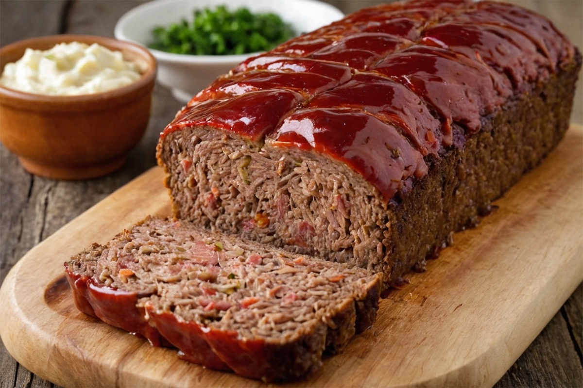 Smoked meatloaf sliced on a wooden board