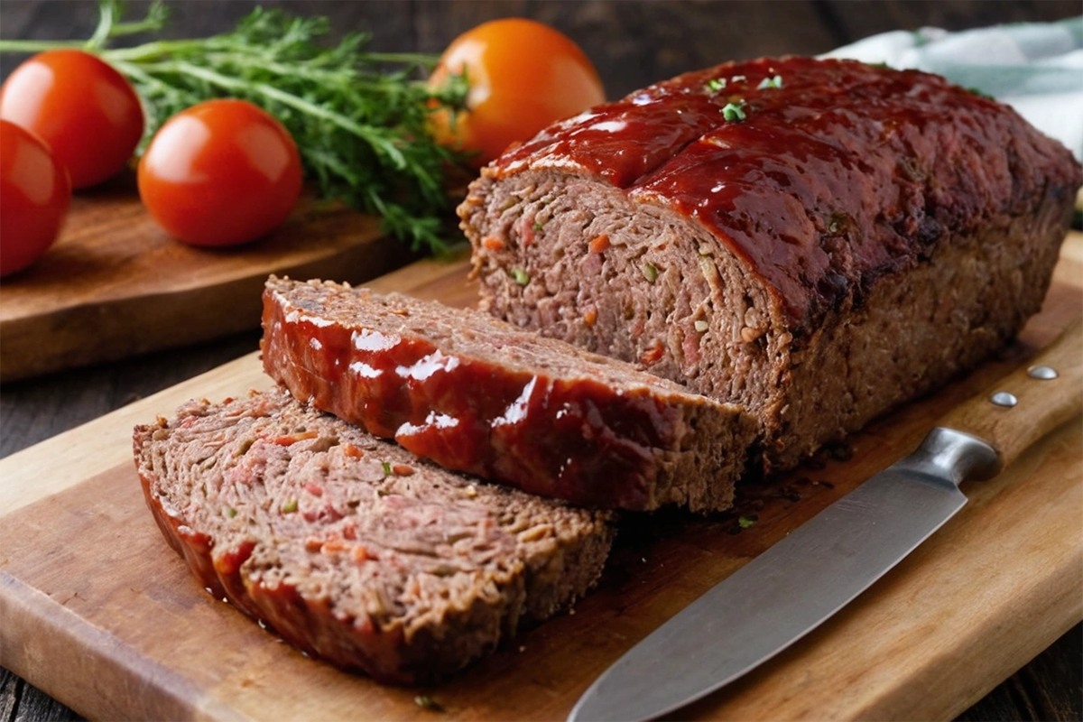 Smoked meatloaf sliced on a wooden board