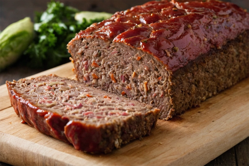 Smoked meatloaf sliced on a wooden board