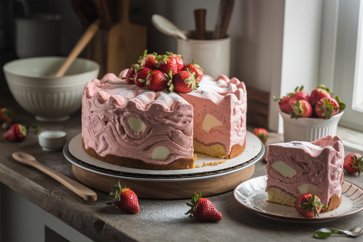 Homemade strawberry earthquake cake with cream cheese swirls