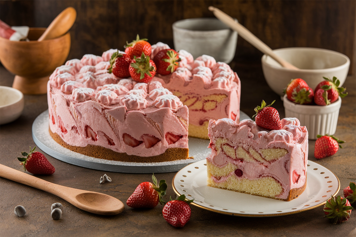 Homemade strawberry earthquake cake with cream cheese swirls