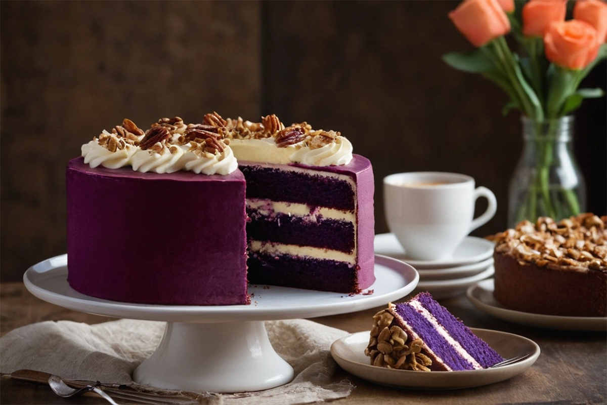 A slice of vibrant purple velvet cake with cream cheese frosting