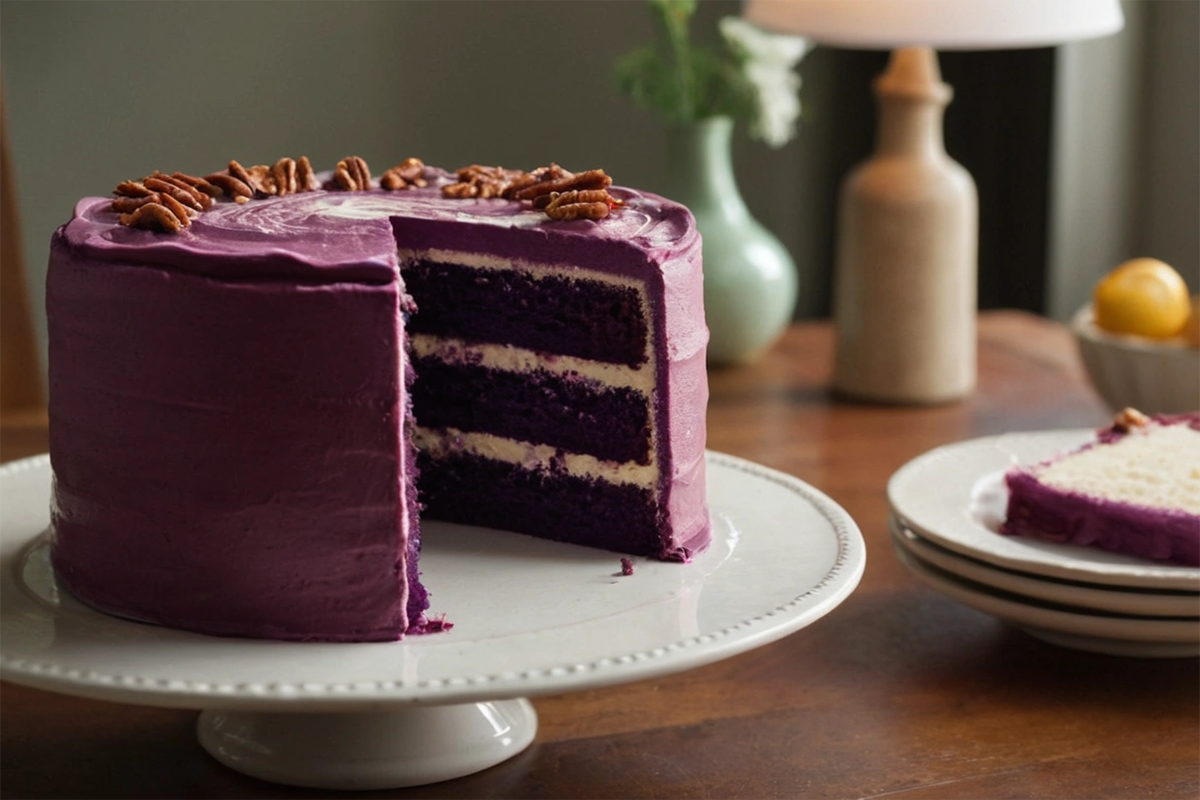 A slice of vibrant purple velvet cake with cream cheese frosting