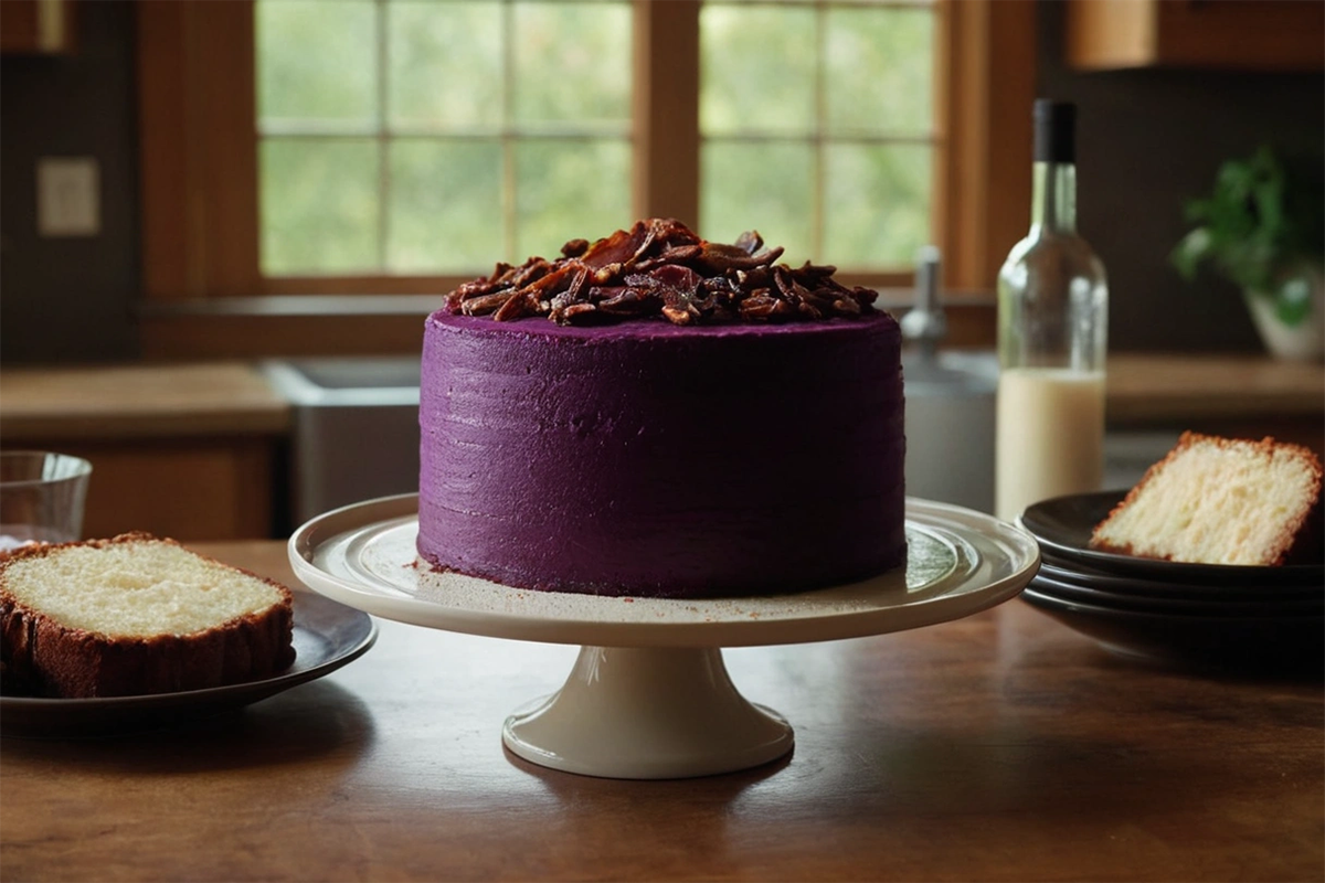 A slice of vibrant purple velvet cake with cream cheese frosting