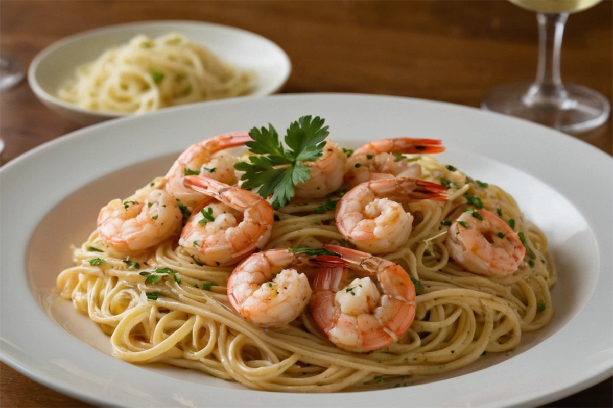 A plate of Shrimp Scampi inspired by Red Lobster, served with pasta and garlic butter sauce.